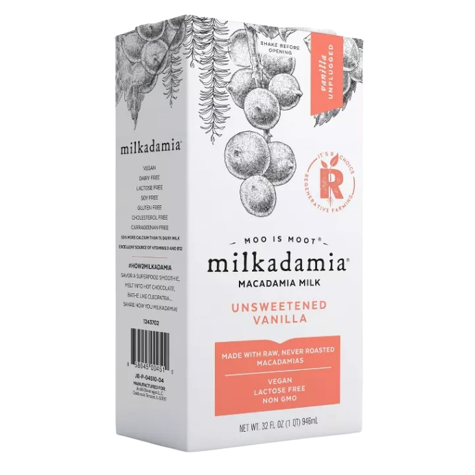 Lait de Noix de Macadamia Sans Sucre à la Vanille Milkadamia 946 ml - Paquet de 6